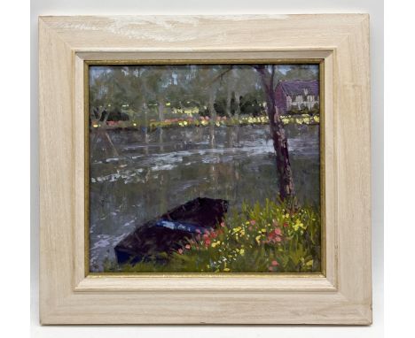  Oliver Warman RBA ROI (British, b.1932) "Early Morning Light" oil on board of a river scene, signed to back with artist's la