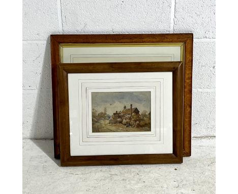 A pair of framed watercolours, one depicting a country cottage scene, the other shows a vintage harbour scene possibly Asian 
