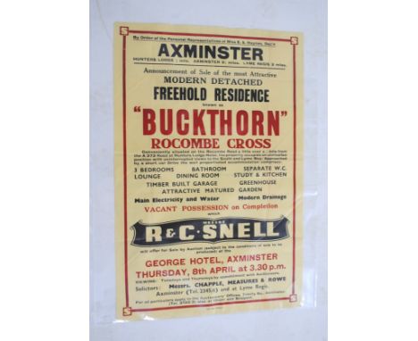 An R&C Snell (Axminster) poster for the sale of Buckthorn, Rocombe Cross, Axminster, dated Thursday 8th April - local interes
