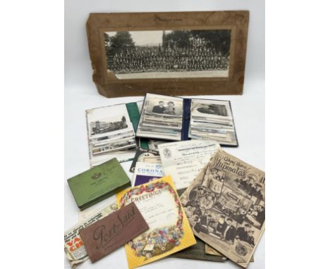 A collection of various postcards and ephemera including Morris Minor manual, large photograph of an early 20th century Scout
