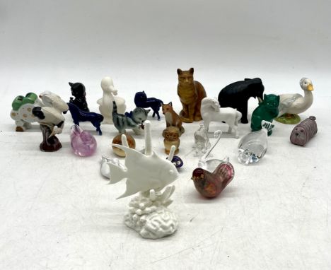 An assortment of glass and porcelain animals including Royal Worcester spade fish (slight chip to fin) 