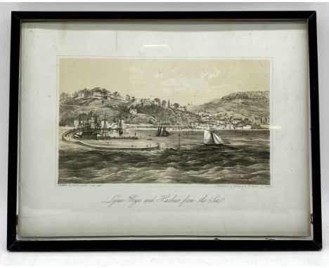 A framed antique lithograph print of "Lyme Regis and Harbour from the Sea", frame in need of attention, overall size 37cm x 2