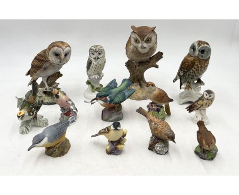 A collection of ceramic birds including Karl Ens owl, Royal Worcester kingfisher (A/F), waxwing, nuthatch etc. 