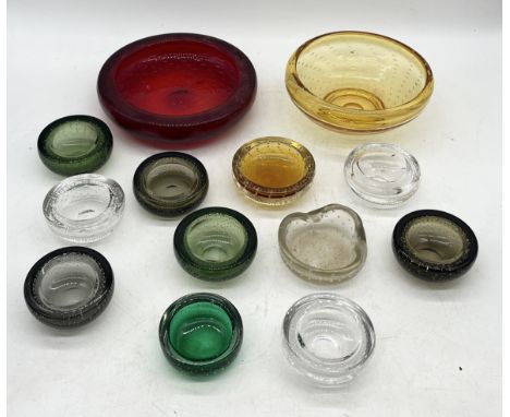 A collection of Whitefriars controlled bubble glass including large ruby red bowl