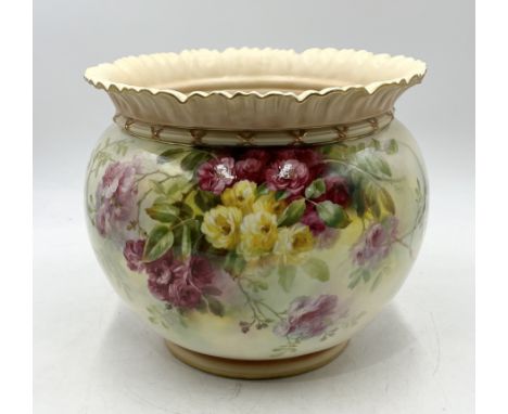 A Royal Worcester jardiniere hand painted with various flowers and signed Frank Roberts circa 1909- in need of restoration