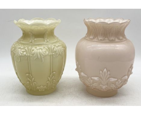 Two vintage glass oil lamp shades with raised floral swag detail 