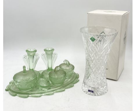 A vintage green glass dressing table set along with a boxed Edinburgh Crystal cut glass vase