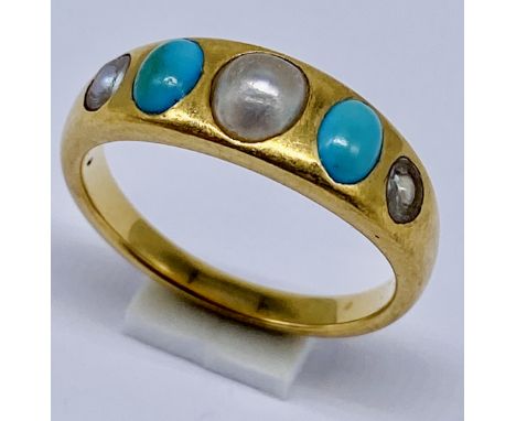 A Victorian 15ct (tested) ring set with turquoise and pearls, weight 5.6g, size M 1/2