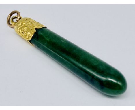 A jade pendant set in unmarked yellow metal mount (tests 14ct), length 6cm