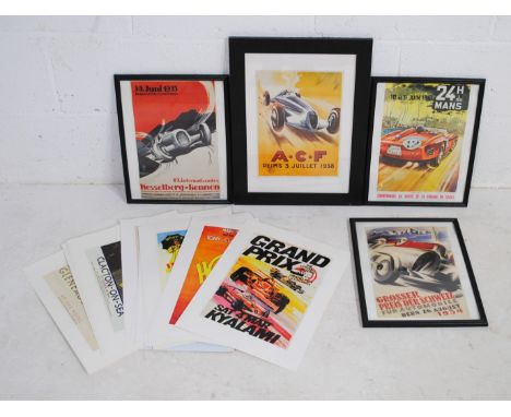 A quantity of vintage style prints relating to motor racing and travel, including four framed