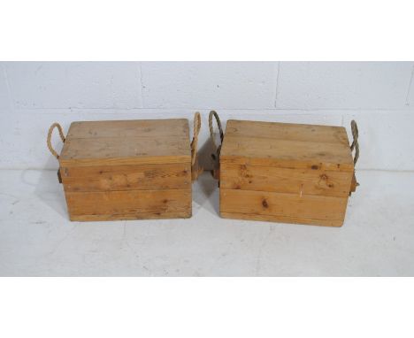 Two vintage wooden crates, with rope handles