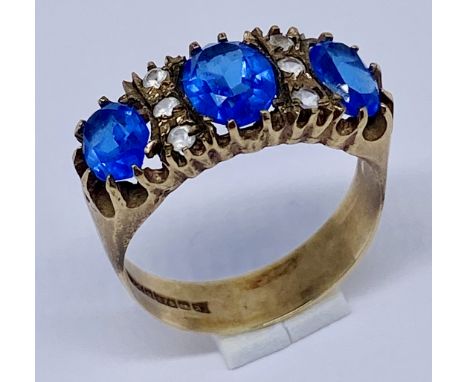 A Victorian style ring with blue stones and diamond infills set in 9ct gold, total weight 4.1g, size R 1/2