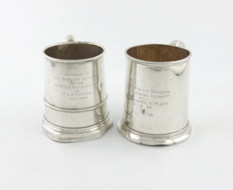 Two regimental silver mugs, by William Hutton and Sons, Sheffield 1932, and Birmingham 1930, tapering circular form, scroll h