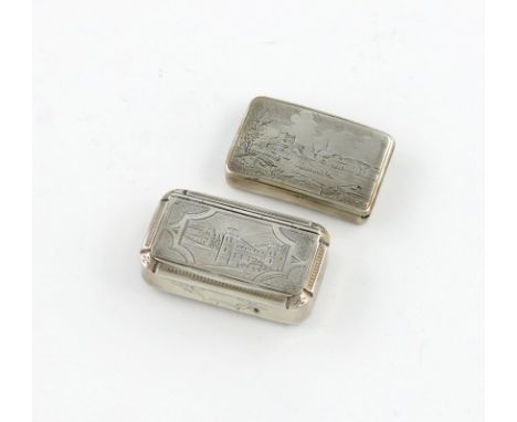 A 19th century French silver snuff box, rectangular form, the hinged cover engraved with buildings, engine-turned base, plus 