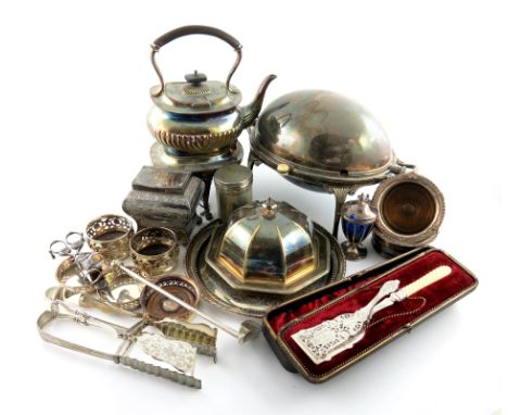 λ A mixed lot of old Sheffield plate and electroplate, comprising: a Victorian travelling campaign hot water pot and burner, 