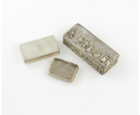 A silver box, by Nathan and Hayes, Chester 1906, the hinged cover embossed with figural scenes, length 10.7cm, an Edwardian s