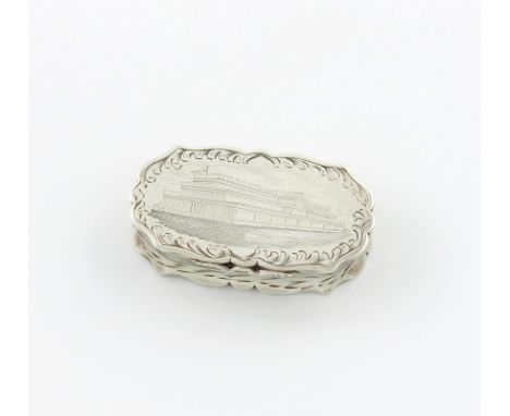 A Victorian silver snuff box, by Foxall and Co, Birmingham 1850, oblong form, engraved foliate decoration, engraved with a sc