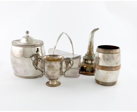 A collection of old Sheffield plated items, comprising: a double sugar box, of oval navette form, reeded borders and swing-ha