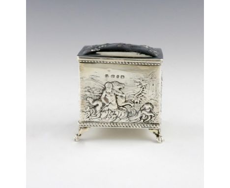 A late-Victorian silver tea caddy, by Thomas Hayes, Birmingham 1899, rectangular form, embossed with figures in foliate lands