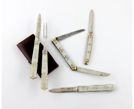 A Victorian silver folding fruit knife and fork, by Aaron Hadfield, Sheffield 1844 and 1845, engraved blade and tines, the ca