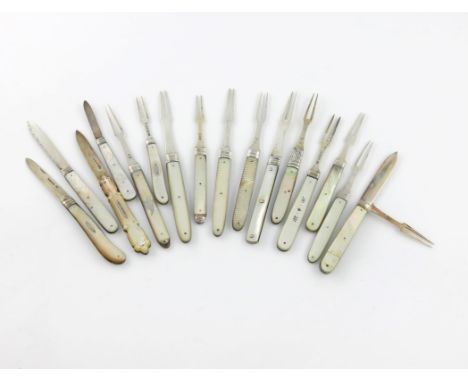 A collection of antique silver folding fruit knives and forks, with mother-or-pearl handles, comprising a combined knife and 