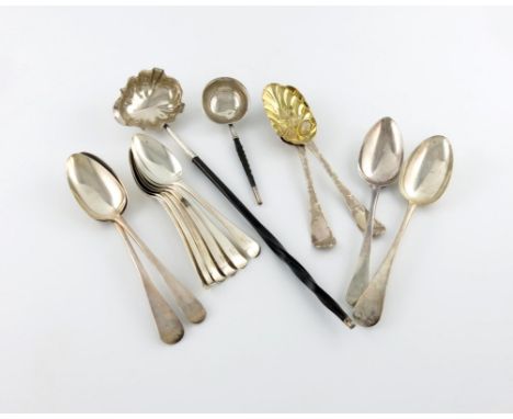 λ A mixed lot of silver flatware, comprising: a set of six George IV Old English pattern dessert spoons, London 1824, four ta