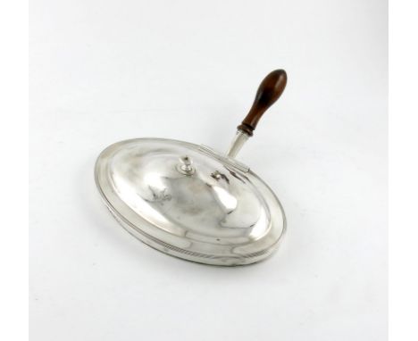 A George III silver Cheese warming dish, by John Emes, London 1798, oval form, the domed cover with an urn finial and with a 