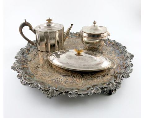 λ A collection of old Sheffield plated items, comprising: a large salver, circa 1830, circular form, foliate, shell and scrol