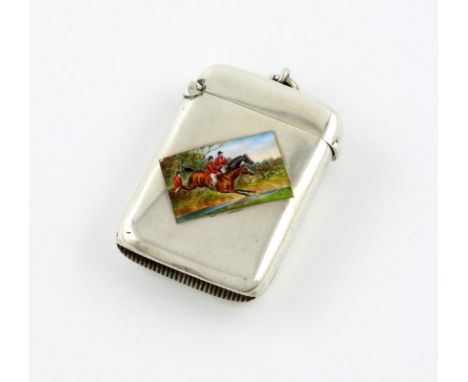 An Edwardian silver and enamel vesta case, by John Banks, Chester 1902, rounded rectangular form, the front enamelled with hu