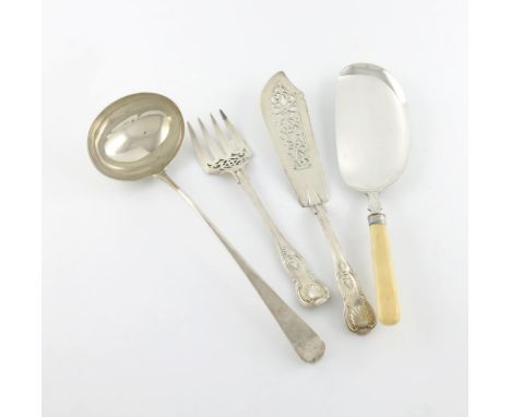 λ A George III silver Old English pattern soup ladle, by Smith and Fearn, London 1794, the terminal with a crest, plus a Vict