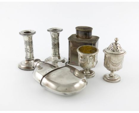 A mixed lot of silver items, various dates and makers, comprising: an Edwardian tea caddy, London 1902, an oval hip flask, Lo