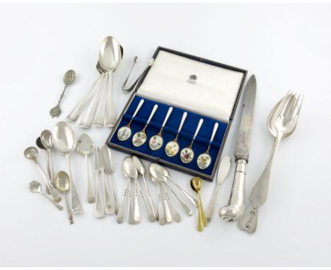 A mixed lot of silver flatware, comprising: four Hanoverian pattern tablespoons, a cased set of six silver-gilt and enamel te