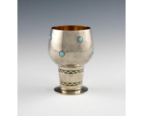 By David Andersen, a Norwegian silver goblet, Oslo, tapering circular form, set with turquoise enamel cabochons, on a circula