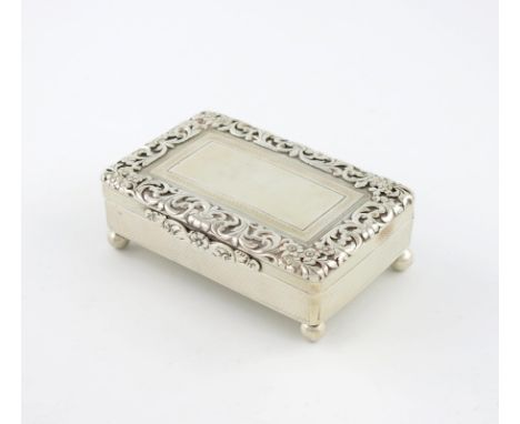 A Victorian silver snuff box, by Edward Edwards, London 1846, rectangular form, embossed foliate scroll borders, engine-turne