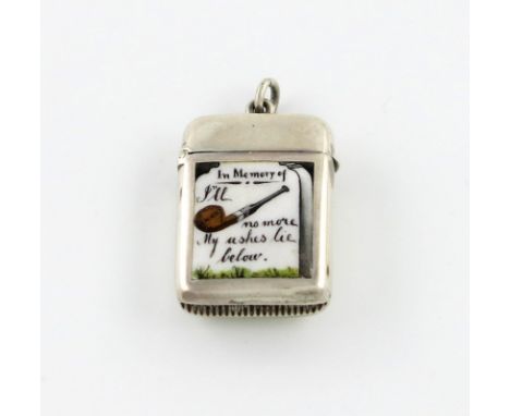 A Victorian silver and enamel vesta case, by John Banks, Birmingham 1890, rounded rectangular form, the front enamelled with 