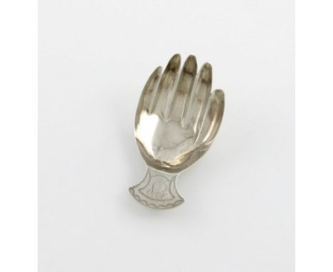 A George III silver caddy spoon, by Josiah Snatt, London 1790, modelled as a hand, bright-cut decoration, the terminal with a