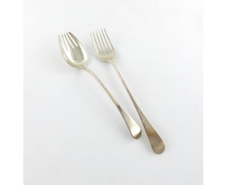 A George III silver Old English pattern salad fork, by Thomas Northcote, London 1784, the terminal with a crest, plus another