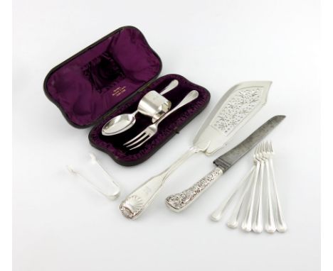 A mixed lot of silver flatware, various dates and makers, comprising: a William IV Fiddle, Thread and Shell pattern fish slic