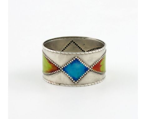 By Liberty and Co, a silver and enamel napkin ring, Birmingham 1927, circular form, with varied-coloured enamel panels, beade