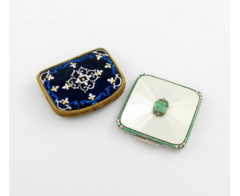 A silver and enamel compact, by The Adie Brothers, Birmingham 1938, square form, with white enamel decoration and a green ena