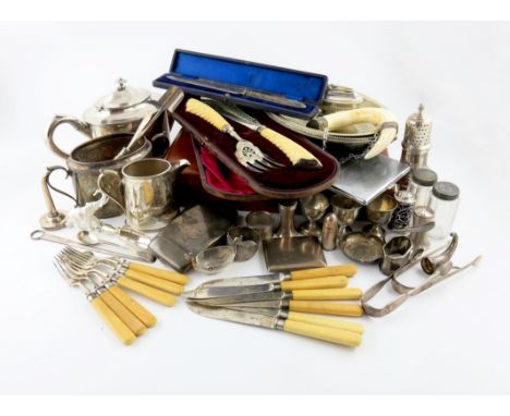 λ A mixed lot, comprising silver items, a sugar caster, Birmingham 1965, a set of six fish knives and forks, a wine funnel pa