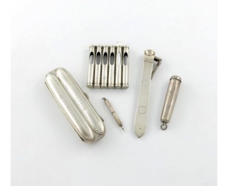 A mixed lot of silver items, comprising: a cigar case, modelled to fit two cigars, engine-turned decoration, a patent cigaret