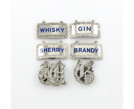 A matched set of four modern silver and enamel wine labels, by Turner and Simpson, Birmingham 1958/9 and 1968, rectangular fo