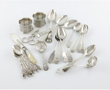 A mixed lot of silver items, comprising: a pair of napkin rings, London 1856, a set of six Chinese teaspoons, a pair of sugar