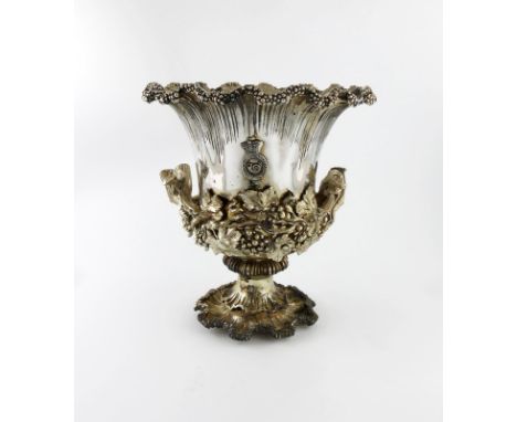 A Victorian electroplated two-handled wine cooler, by Elkington and Co, 1855, campana form, training vine decoration, fluted 