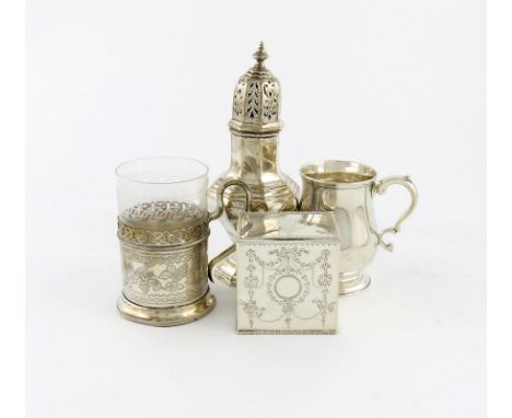 A mixed lot of silver items, comprising: a tea caddy, by Nathan and Hayes, Chester 1912, rectangular form, engraved decoratio