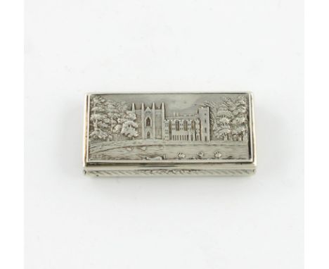 A Victorian silver 'castle-top' snuff box, Newstead Abbey, by Nathaniel Mills, Birmingham 1837, rectangular form, the hinged 