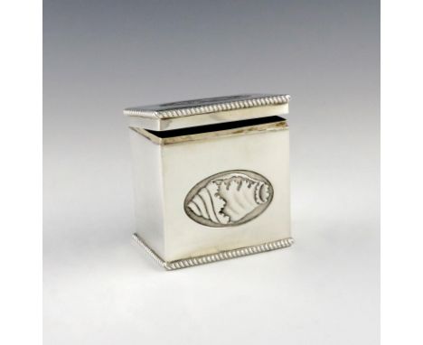 An Edwardian silver tea caddy, by Thomas Bradbury and Son, Sheffield 1902, rectangular form, the front and cover embossed wit