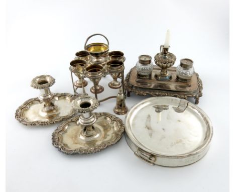 A mixed lot of old Sheffield plated items, comprising: an inkstand of rounded rectangular form, foliate border, with a centra