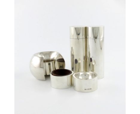 A modern four-piece condiment set, maker's mark of R R in two punches, Sheffield 1973, plain cylindrical form, the salt cella